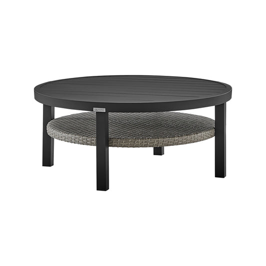 Aileen Outdoor Patio Round Coffee Table in Black Aluminum with Gray Wicker Shelf - alternate view