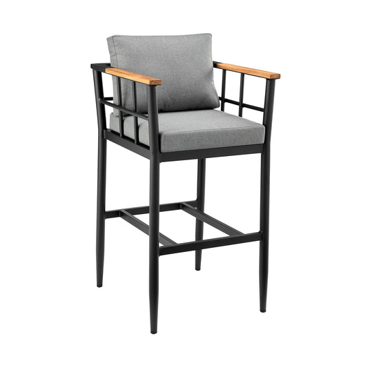 Wiglaf Outdoor Patio Bar Stool in Aluminum and Teak with Gray Cushions - alternate view