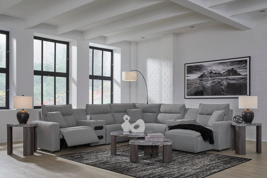 Ashley ModMax II 7-Piece Next-Gen Nuvella™ Performance Fabric Dual Power Reclining Modular Sectional with Chaise and Audio Consoles - alternate view