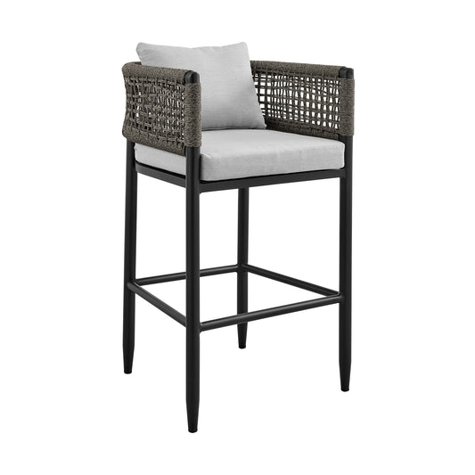 Felicia Outdoor Patio Bar Stool in Aluminum with Gray Rope and Cushions - alternate view