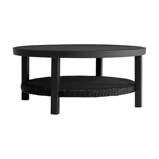 Grand Black Aluminum Outdoor Round Conversation Table with Wicker Shelf - alternate view