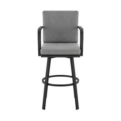 Don 30" Outdoor Patio Swivel Bar Stool in Black Aluminum with Grey Cushions
