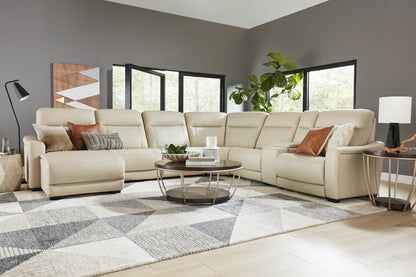 Newport 6-Piece Almond Leather Power Reclining Sectional with Chaise Left-Facing