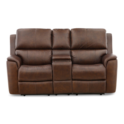 Flexsteel Karson Leather Power Reclining Console Loveseat Dark Brown