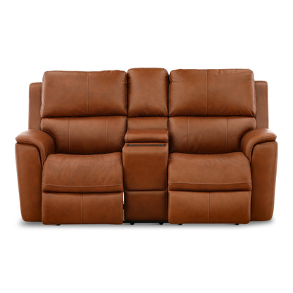 Flexsteel Karson Leather Power Reclining Console Loveseat Chestnut