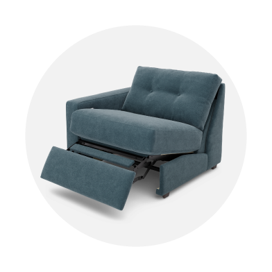 Blue armchair with recliner mechanism on a white background