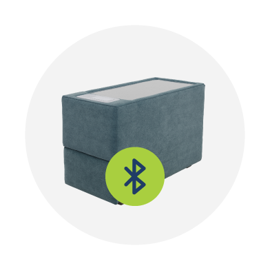 Blue rectangular device with Bluetooth icon on a white background