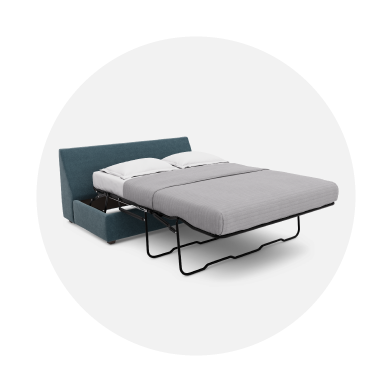 Sofa bed with pull-out mechanism on a white background