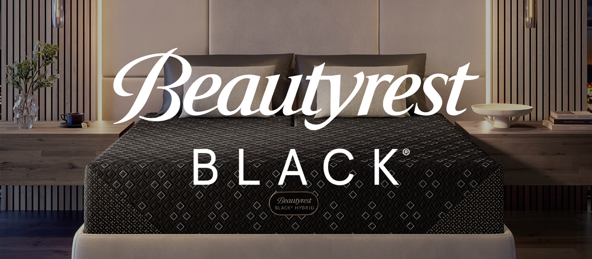 Beautyrest Black mattress in a bedroom setting with the Beautyrest Black logo on top