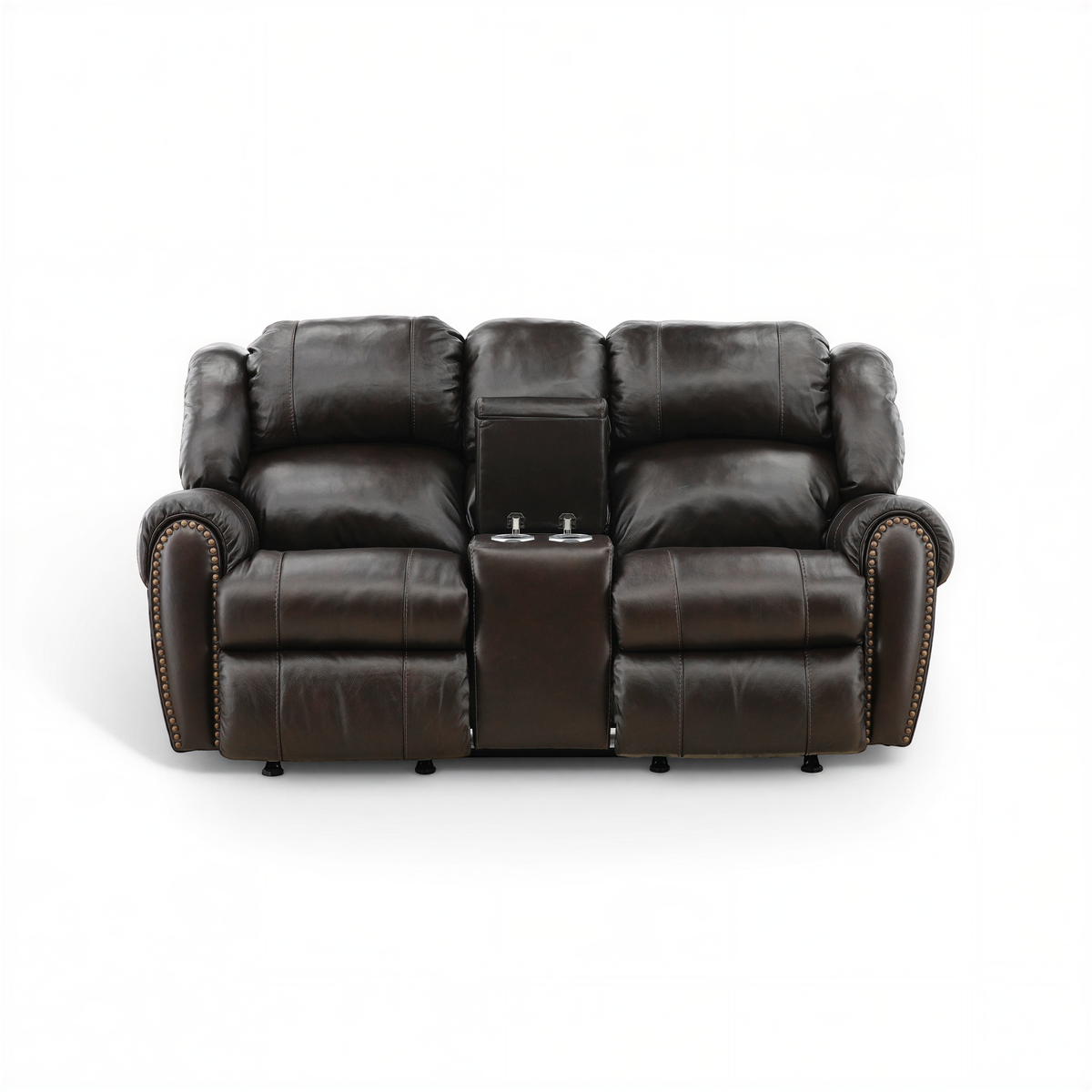 Falynn Leather Rocker Recliner Console Loveseat Dark Brown