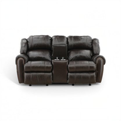 Falynn Leather Rocker Recliner Console Loveseat Dark Brown