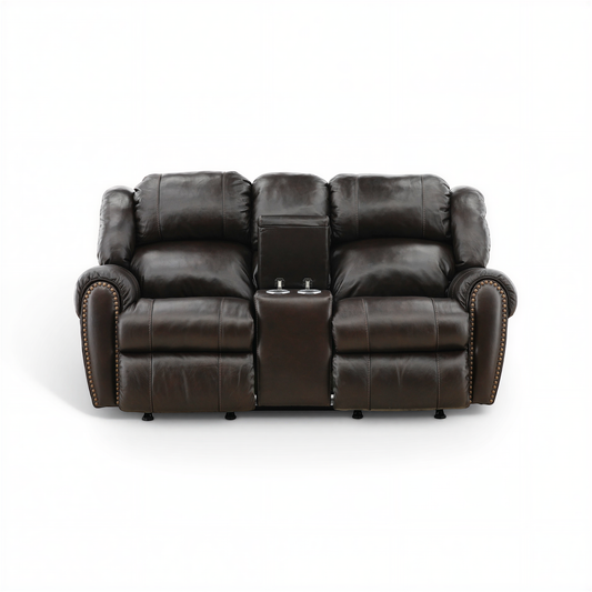 Falynn Leather Rocker Recliner Console Loveseat Dark Brown