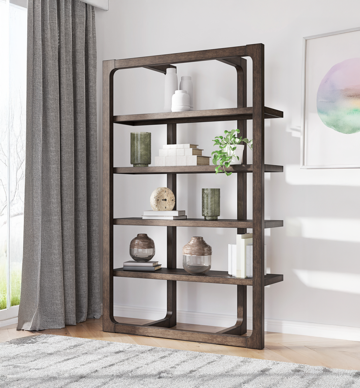Wooden bookshelf with decorative items in a room with curtains and a rug.
