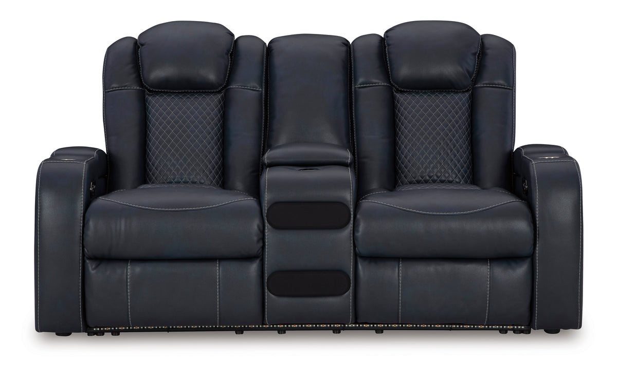 Fyne-Dyme Dual Power Reclining Loveseat with Console Sapphire