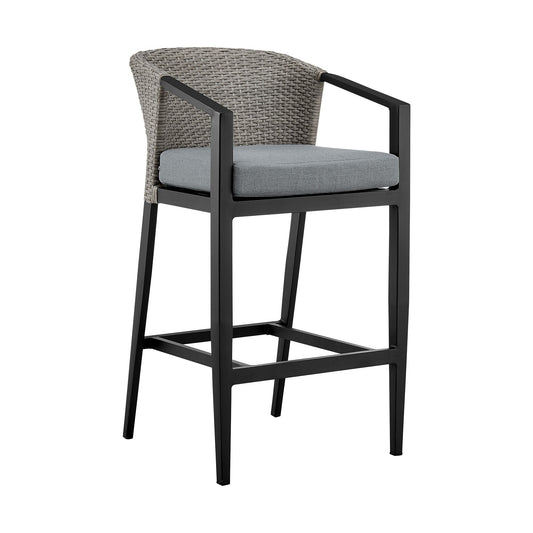 Aileen Outdoor Patio Counter Height Bar Stool in Aluminum and Wicker with Gray Cushions - alternate view