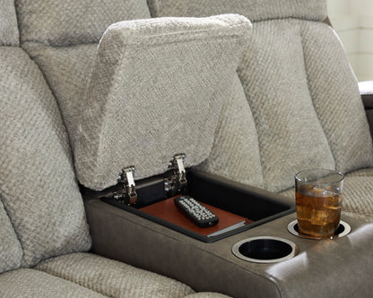 Stately Check Power Reclining Console Loveseat