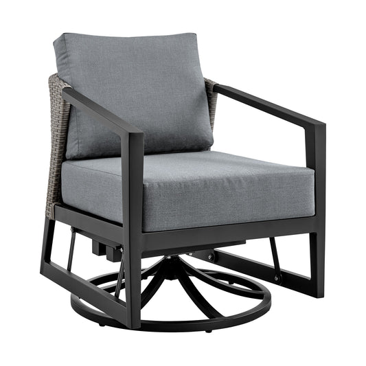 Aileen 3 Piece Patio Outdoor Swivel Seating Set in Black Aluminum with Gray Wicker and Cushions - alternate view