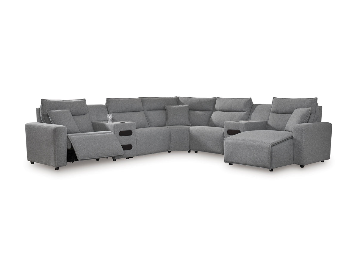 Ashley ModMax II 7-Piece Next-Gen Nuvella™ Performance Fabric Dual Power Reclining Modular Sectional with Chaise and Audio Consoles Right-Facing