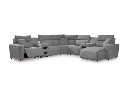 Ashley ModMax II 7-Piece Next-Gen Nuvella™ Performance Fabric Dual Power Reclining Modular Sectional with Chaise and Audio Consoles Right-Facing