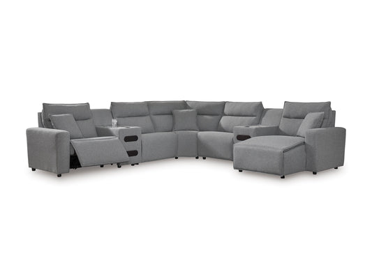 Ashley ModMax II 7-Piece Next-Gen Nuvella™ Performance Fabric Dual Power Reclining Modular Sectional with Chaise and Audio Consoles Right-Facing