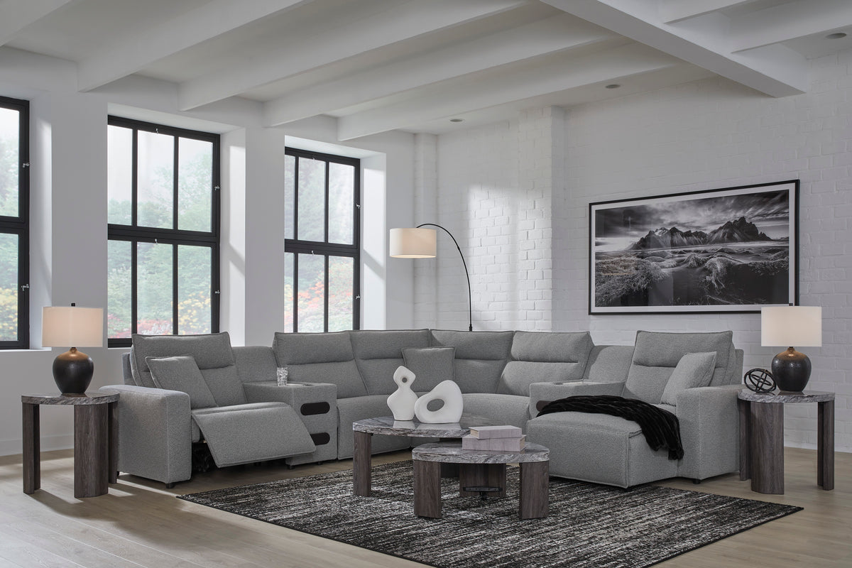 Ashley ModMax II 7-Piece Next-Gen Nuvella™ Performance Fabric Dual Power Reclining Modular Sectional with Chaise and Audio Consoles