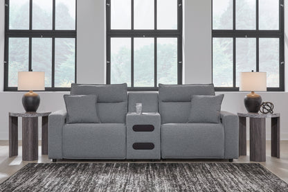 ModMax II 3-Piece Next-Gen Nuvella™ Performance Fabric Dual Power Reclining Modular Loveseat with Audio Console