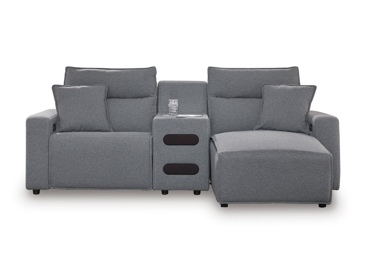 Ashley ModMax II 3-Piece Next-Gen Nuvella™ Performance Fabric Dual Power Reclining Modular Sectional with Chaise and Audio Console Right-Facing