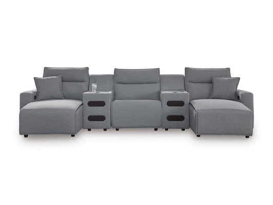 Ashley ModMax II 5-Piece Next-Gen Nuvella™ Performance Fabric Dual Power Reclining Modular Sectional with Double Chaise and Audio Consoles