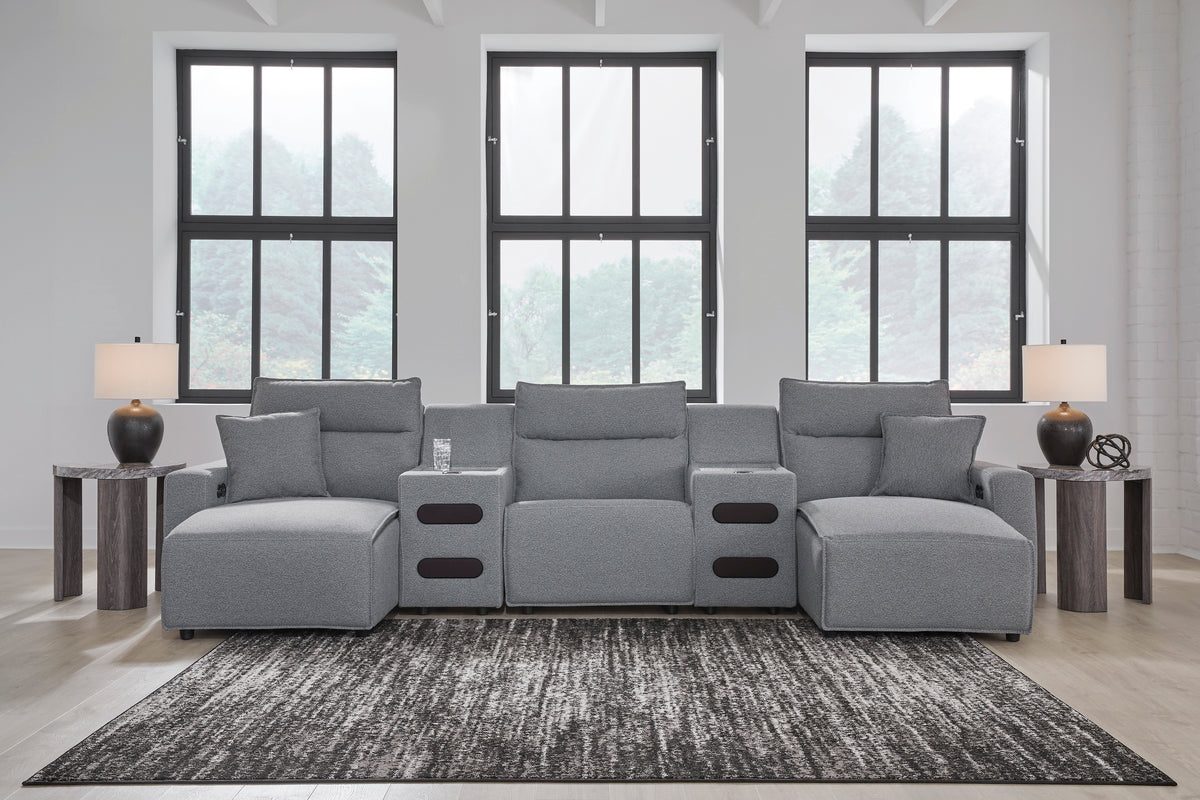 Ashley ModMax II 5-Piece Next-Gen Nuvella™ Performance Fabric Dual Power Reclining Modular Sectional with Double Chaise and Audio Consoles