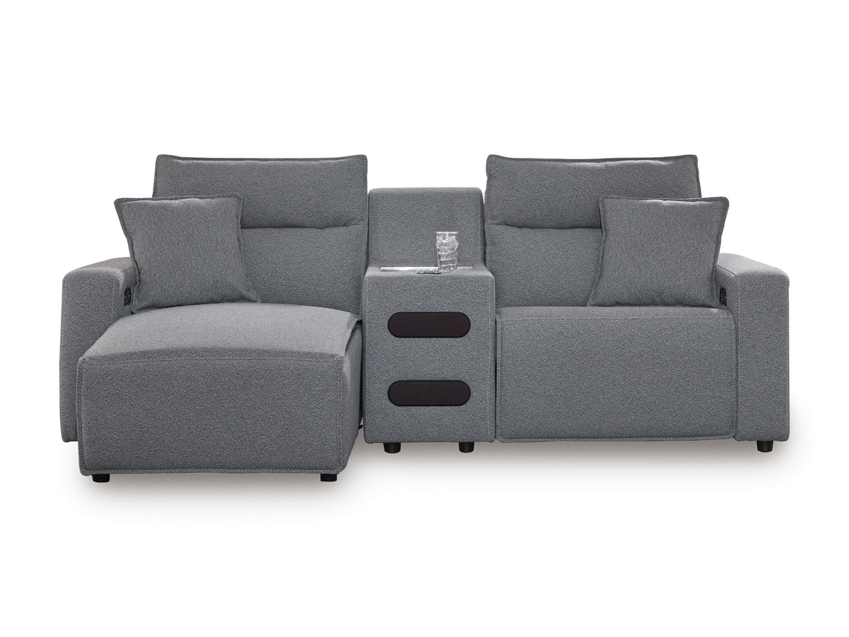 Ashley ModMax II 3-Piece Next-Gen Nuvella™ Performance Fabric Dual Power Reclining Modular Sectional with Chaise and Audio Console Left-Facing