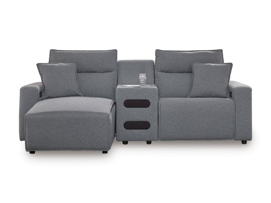 Ashley ModMax II 3-Piece Next-Gen Nuvella™ Performance Fabric Dual Power Reclining Modular Sectional with Chaise and Audio Console Left-Facing