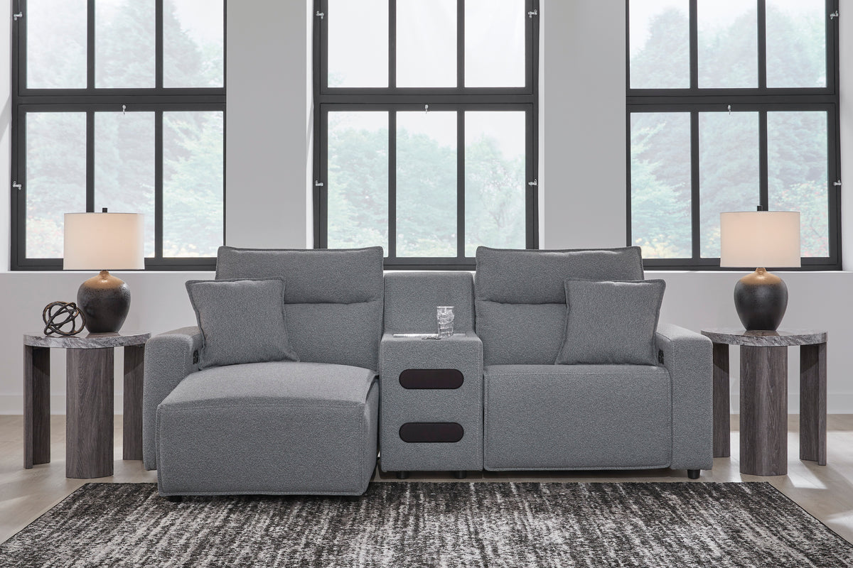 Ashley ModMax II 3-Piece Next-Gen Nuvella™ Performance Fabric Dual Power Reclining Modular Sectional with Chaise and Audio Console