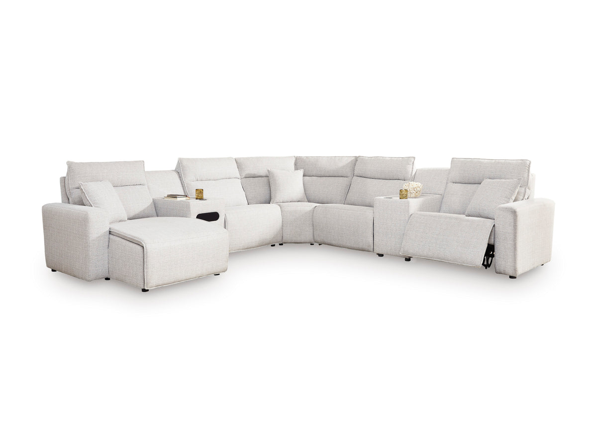Ashley ModMax II 7-Piece Next-Gen Nuvella™ Performance Fabric Dual Power Reclining Modular Sectional with Chaise and Audio Consoles Left-Facing Stone