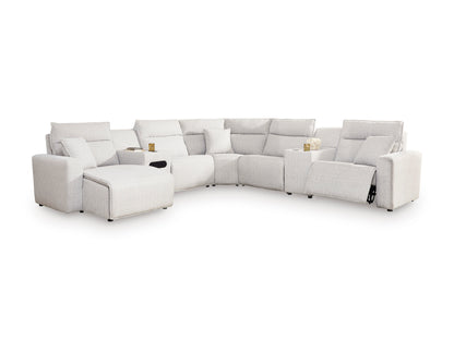 Ashley ModMax II 7-Piece Next-Gen Nuvella™ Performance Fabric Dual Power Reclining Modular Sectional with Chaise and Audio Consoles Left-Facing Stone