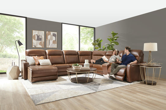 Newport 6-Piece Brown Leather Power Reclining Sectional with Chaise Left-Facing