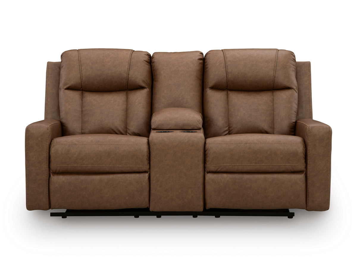 Mackmenville Double Reclining Console Loveseat Caramel