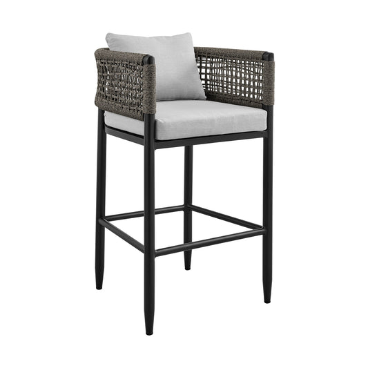 Felicia Outdoor Patio Counter Height Bar Stool in Aluminum with Gray Rope and Cushions - alternate view