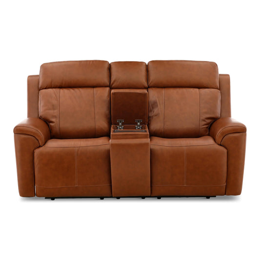 Flexsteel Adrian Leather Power Reclining Console Loveseat Caramel