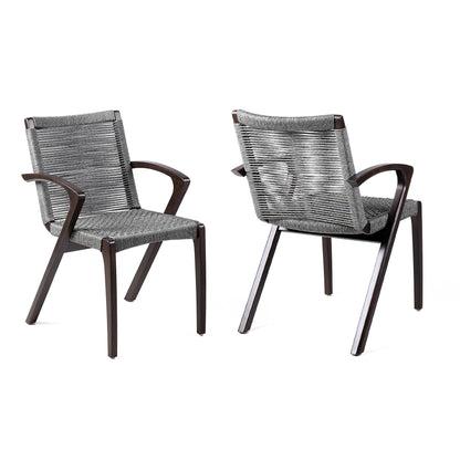 Nabila Outdoor Dark Eucalyptus Wood and Gray Rope Dining Chairs (Set of 2)