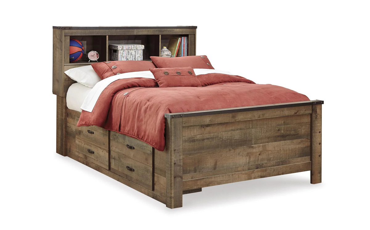 Wooden bed with red bedding and storage drawers on a white background