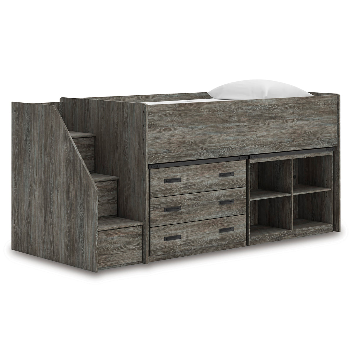 Frandern Twin Loft Bed with Bookcase and Drawer Storage