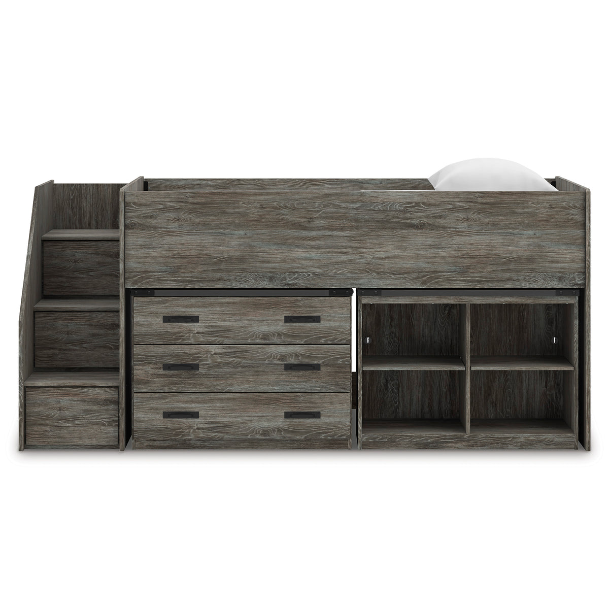 Frandern Twin Loft Bed with Bookcase and Drawer Storage