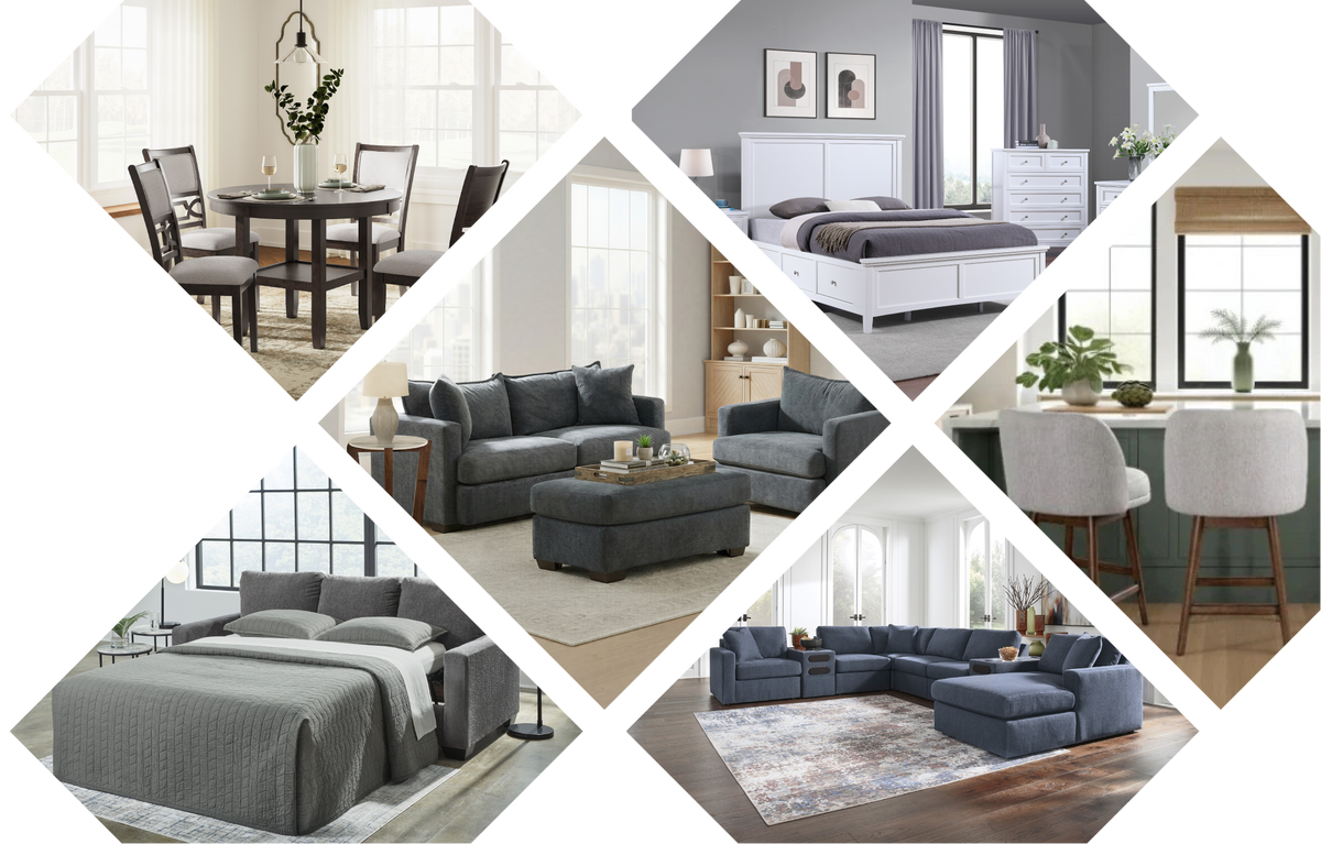Collage of furniture including sofas, dining tables, barstools, sofa beds, beds, and sectionals.