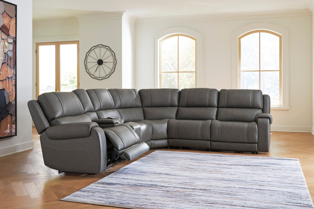 Ashley 5Z-Harrenhurst 6-Piece Leather Dual Power Reclining Modular Sectional with Storage Console and 2 Reclining Seats
