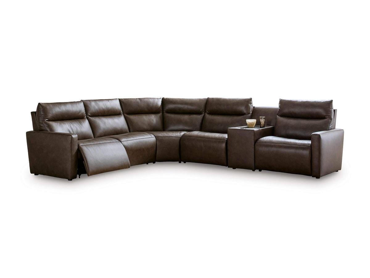 ModZ 6-Piece Power Reclining Sectional with Audio Console Chocolate Right-Facing