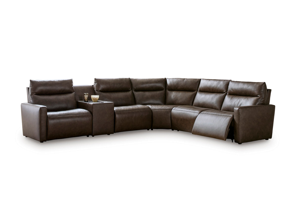 ModZ 6-Piece Power Reclining Sectional with Audio Console Chocolate Left-Facing