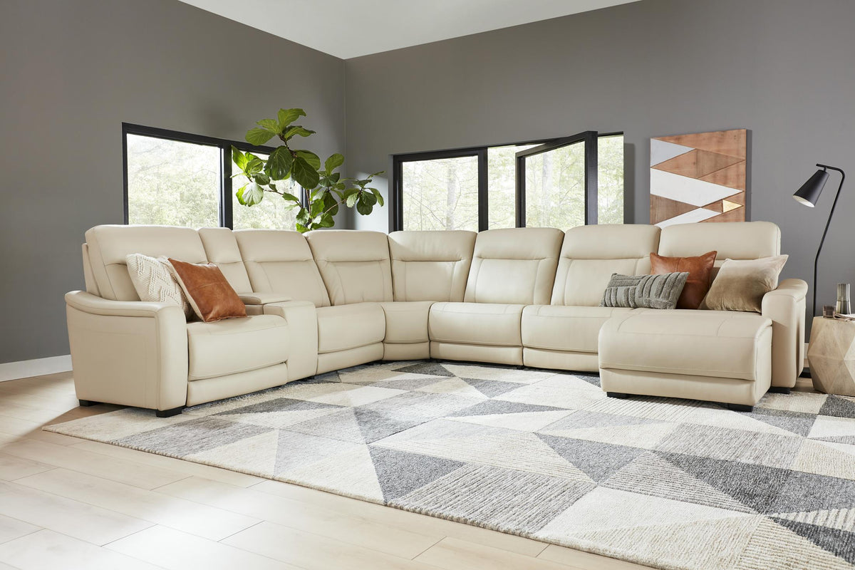 Newport 6-Piece Almond Leather Power Reclining Sectional with Chaise Right-Facing