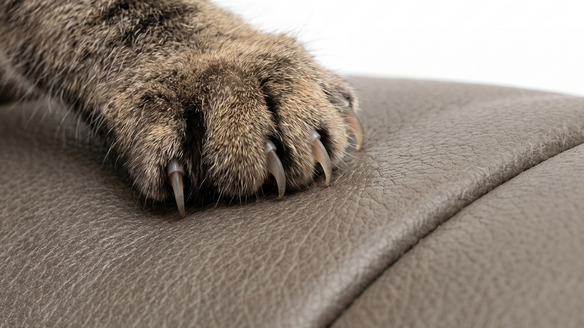 A cat paw with nails out touching a leather couch
